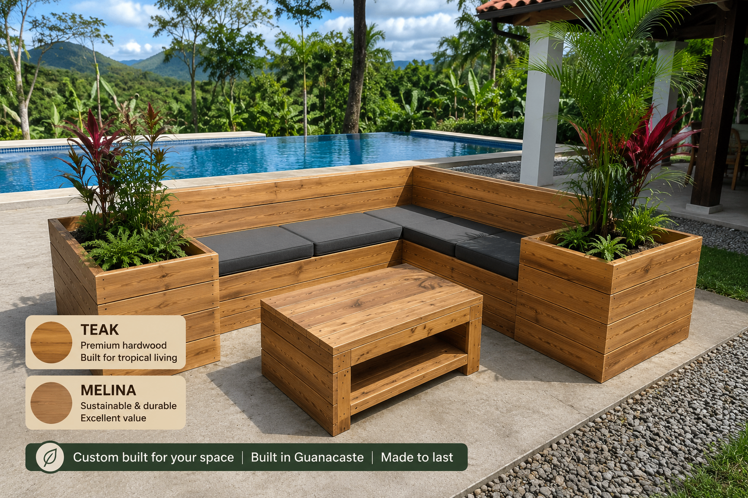Pool Custom Planter Benches — Teak & Melina
