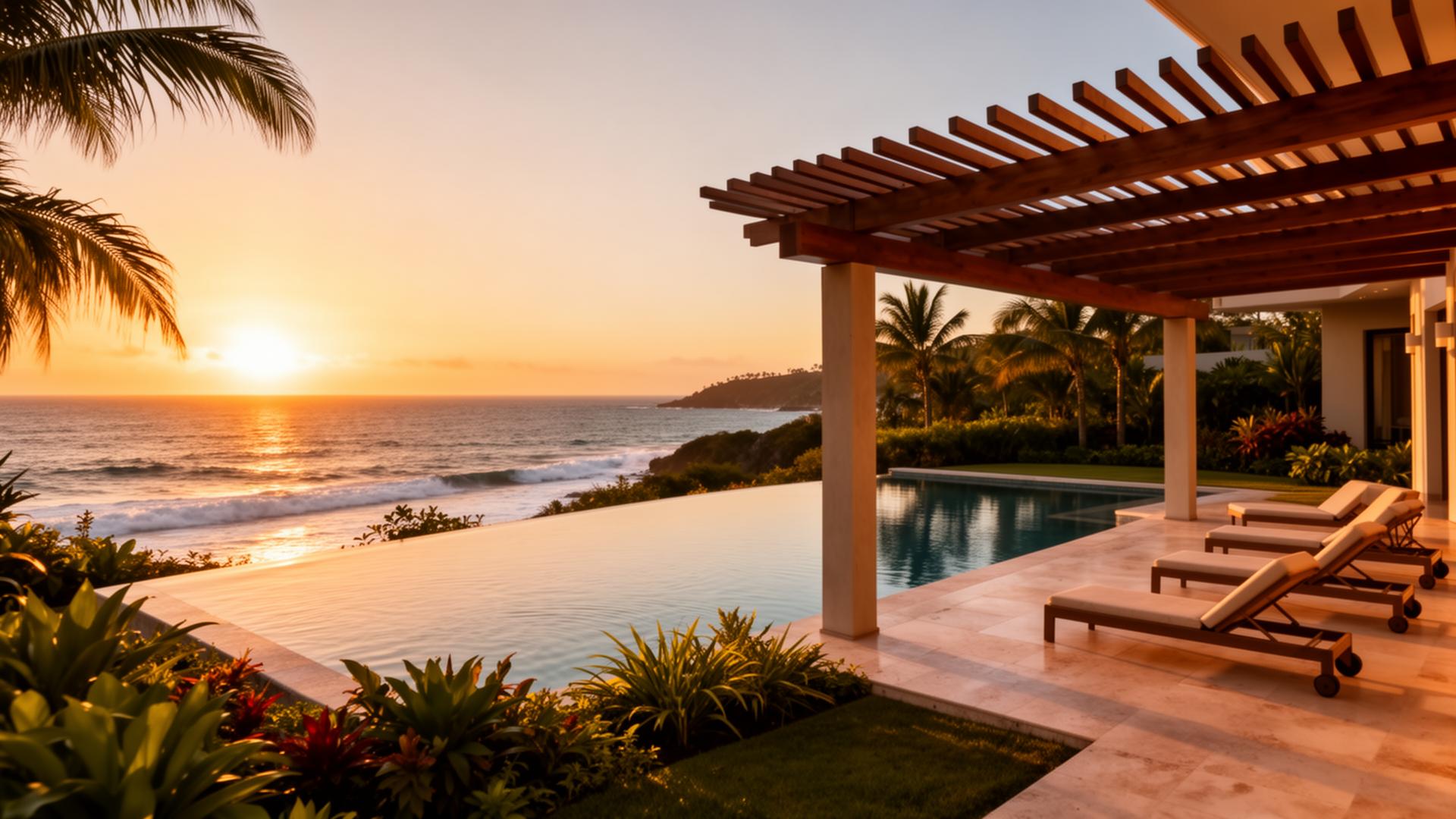 Luxury Costa Rica coastal villa with wooden pergola at sunset